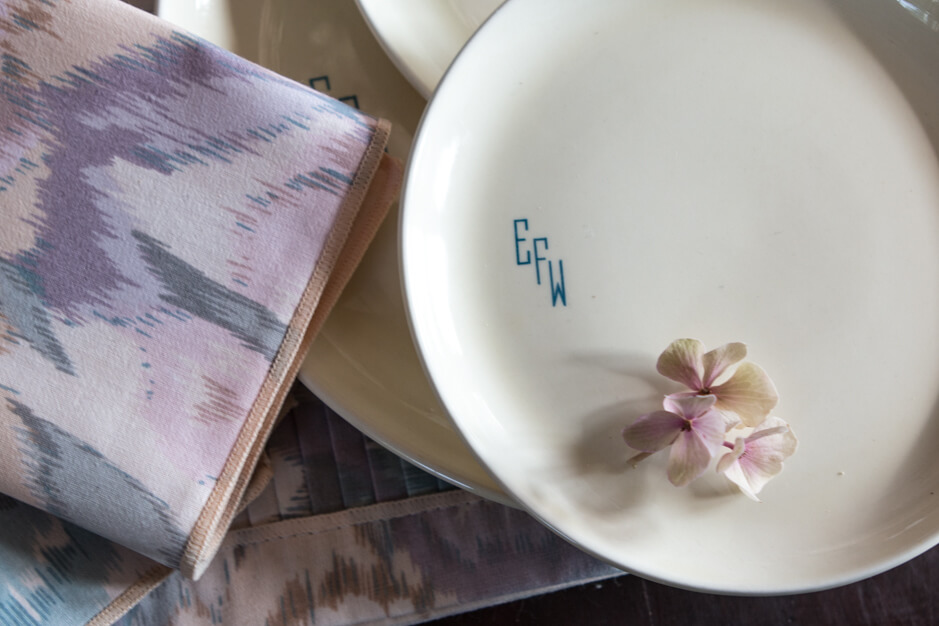 mauve cream and blue vintage plates
