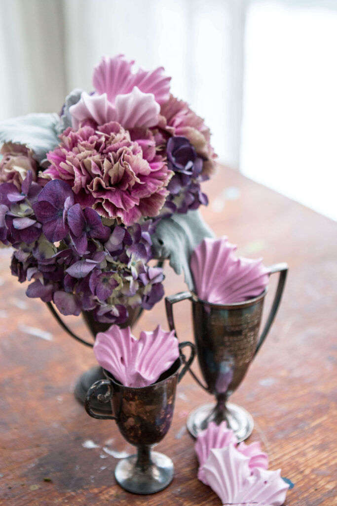 vintage trophy purple pink flower arrangement