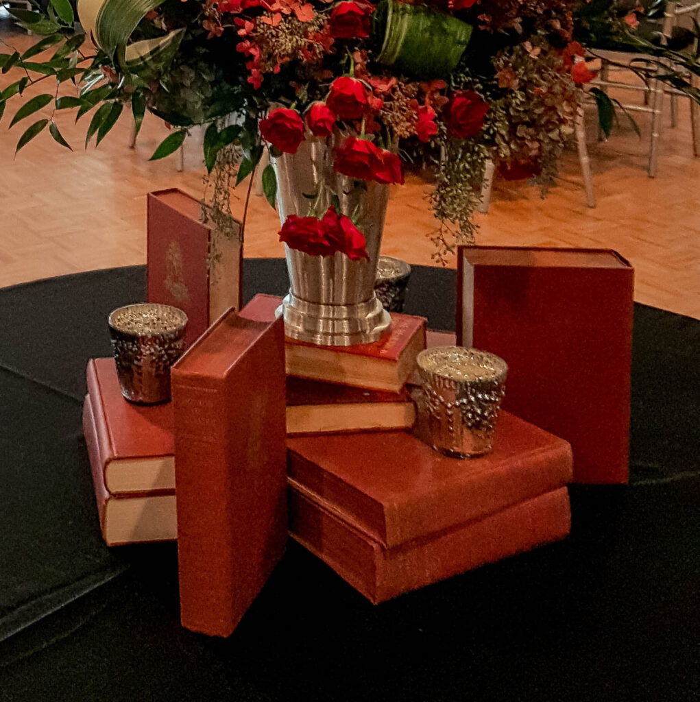 centerpiece detail books mercury glass